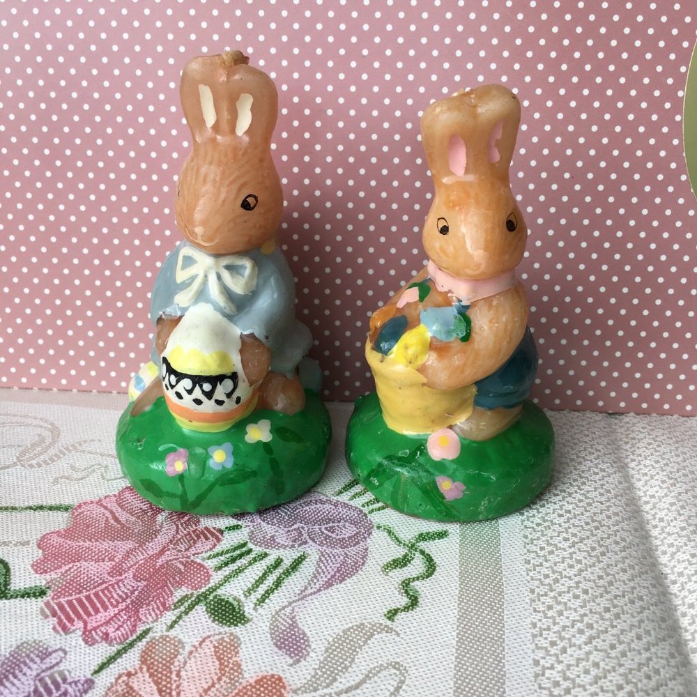 Vintage Easter Mr. and Mrs. Bunny Rabbit Hand Painted Candles Easter Decor